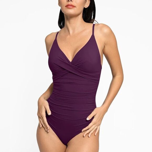 Populist Shapewear Ruched Cross-Front Sculpting One-Piece Swimsuit Purple